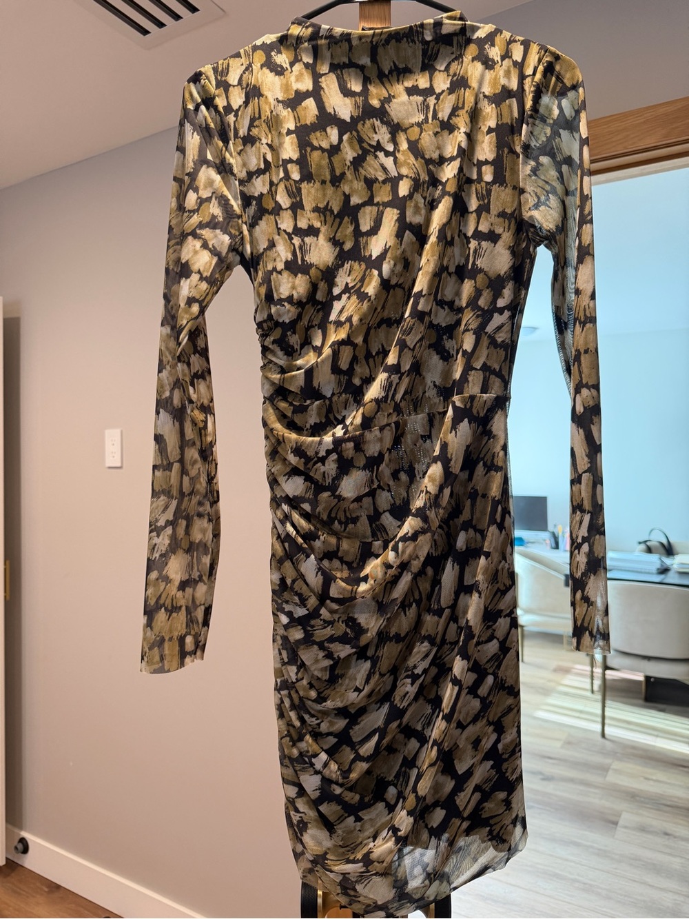 Long Sleeve Ruched Animal-Print Mesh Dress in Black & Green Brushstroke